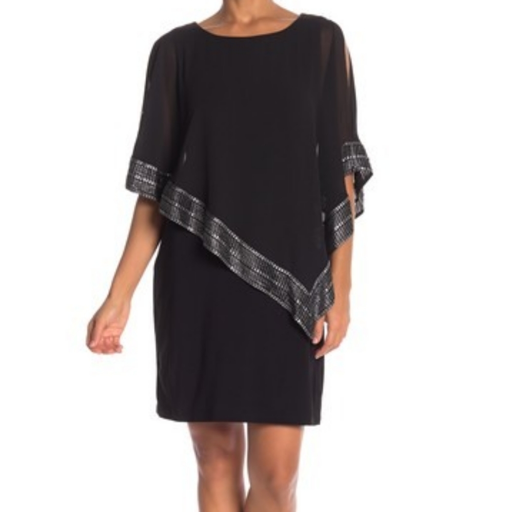 SLNY foil trim dress black silver 16 NWT